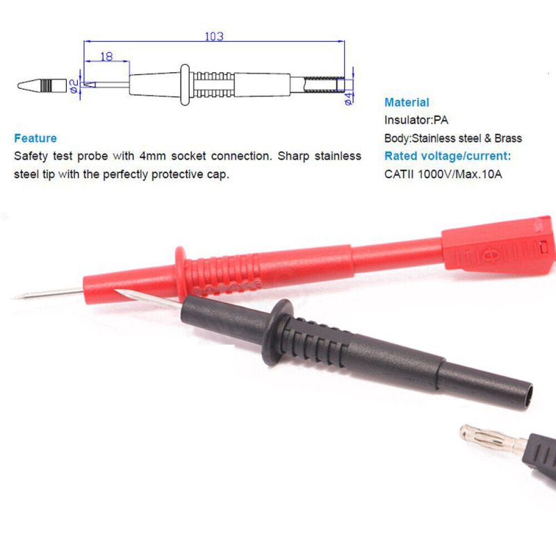 1 pair 2mm Stainless Steel Test Probe Pointed Needle with 4mm Banana Socket R+B