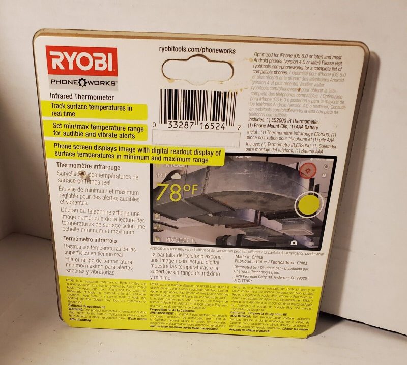 Ryobi NEW Phone Works Infrared Thermometer Measuring Temperatures Specialty Tool