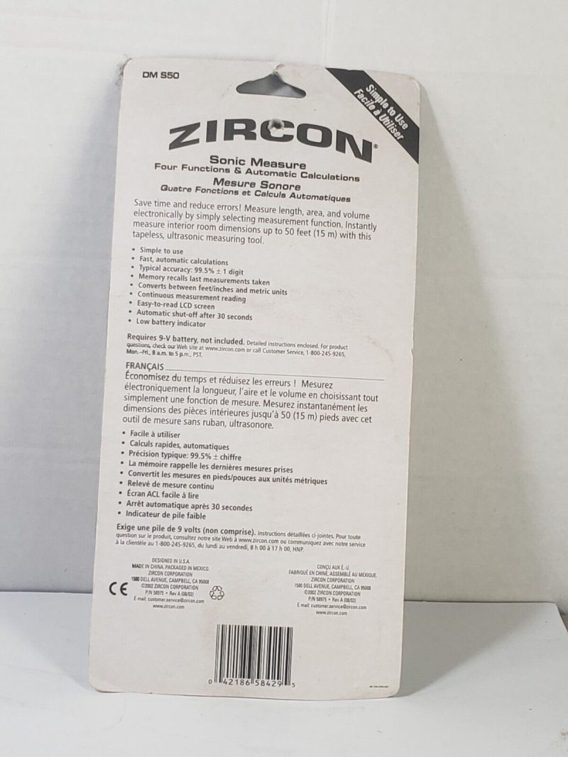 ZIRCON Sonic Measure Device DM S50L Sound Wave Measure Device Up to 50 Feet NIP